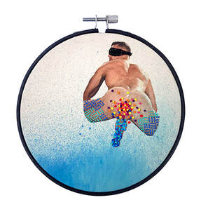 Erotic art, gay art, naked man with french knots and spray dye - in an embroidery hoop