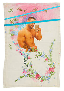 Erotic art. Homoerotic, a portrait of the adult film star Arad Winwin surrounded by embroidered flowers and ribbons.