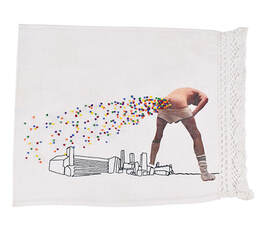 City scape, embroidery, scally, gay imagery, erotic art, erotic embroidery, lace edging