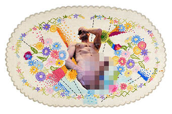 Embroidered self portrait with print. Hand stitched florals surrounding a printed homoerotic self portrait. Frech knots, running stitch, satin stitch, cross stitch. Multicolorus, rainbow colours on cotton linen with a scalloped edging.