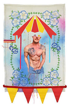 Self portrait in embroidery and print, homoerotic, red and yellow bunting, embroidered florals, mans torso.
