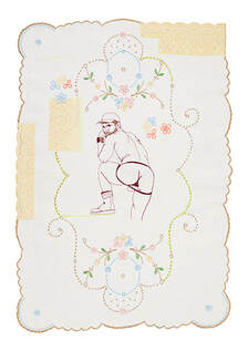 A computerised embroidery of a sexy stud wearing a jockstrap.  Vintage linens, hand stitch and embroidered lace.
