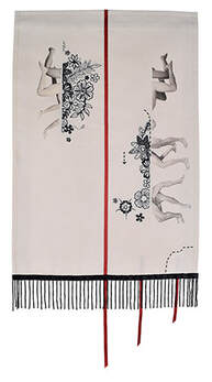 Abstract embroidered art piece. Stitched florals and printed mans legs, Beaded trim and red ribbon appliqe.