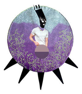 Self-portrait in print and embroidery. Homoerotic artwork. Floral embroidery on dyed purple round background. Black bunting trims the bottom, erotic, fetish facemask worn.