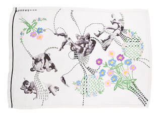 Print and embroidery, wrestlers, florals, hand embroidery, monochrome and pastel colours