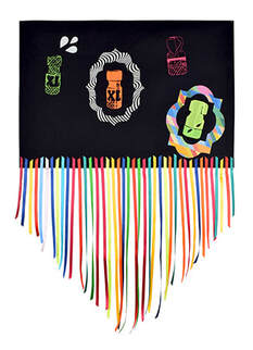 Textile artwork on black fabric with multicoloured ribbons hanging from the bottom. Machine embroidered imagery in neon colours, small bottles of poppers with abstract, printed, pop art frames around them.