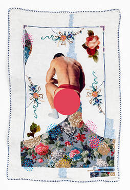 Erotic art, homoerotic, collage, collage art, florals, vintage, jockstrap, hand stitch, embroidery
