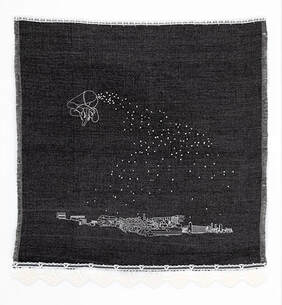 White embroidery on black linen. A man in underwear is pooping stars out over the city like a starry sky. Wearing Nike trainers and floating over Manchester city centre.
