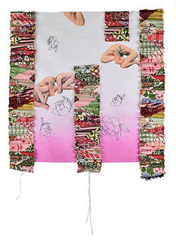 Embroidery, applique, recycled fabric, spray dye, florals, pink, printed male forms.Picture
