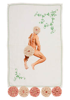 Erotic art in print and embroidery, pornographic actor disguised with a suffolk puff and embroidery.
