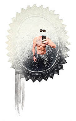 Embroidery, self portrait on white lace. Spray dye, white french knots. Masked figure taking photo with iPhone. Grey tassels in cotton at the bottom left.